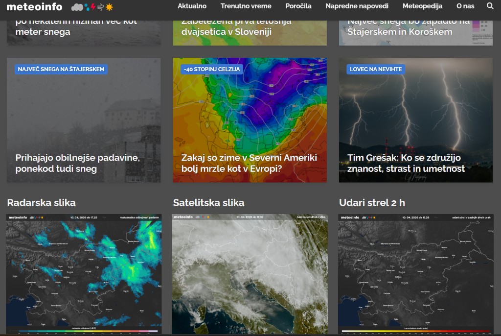 Meteoinfo.si — homepage with news, radar, satellite, and lightning maps.
